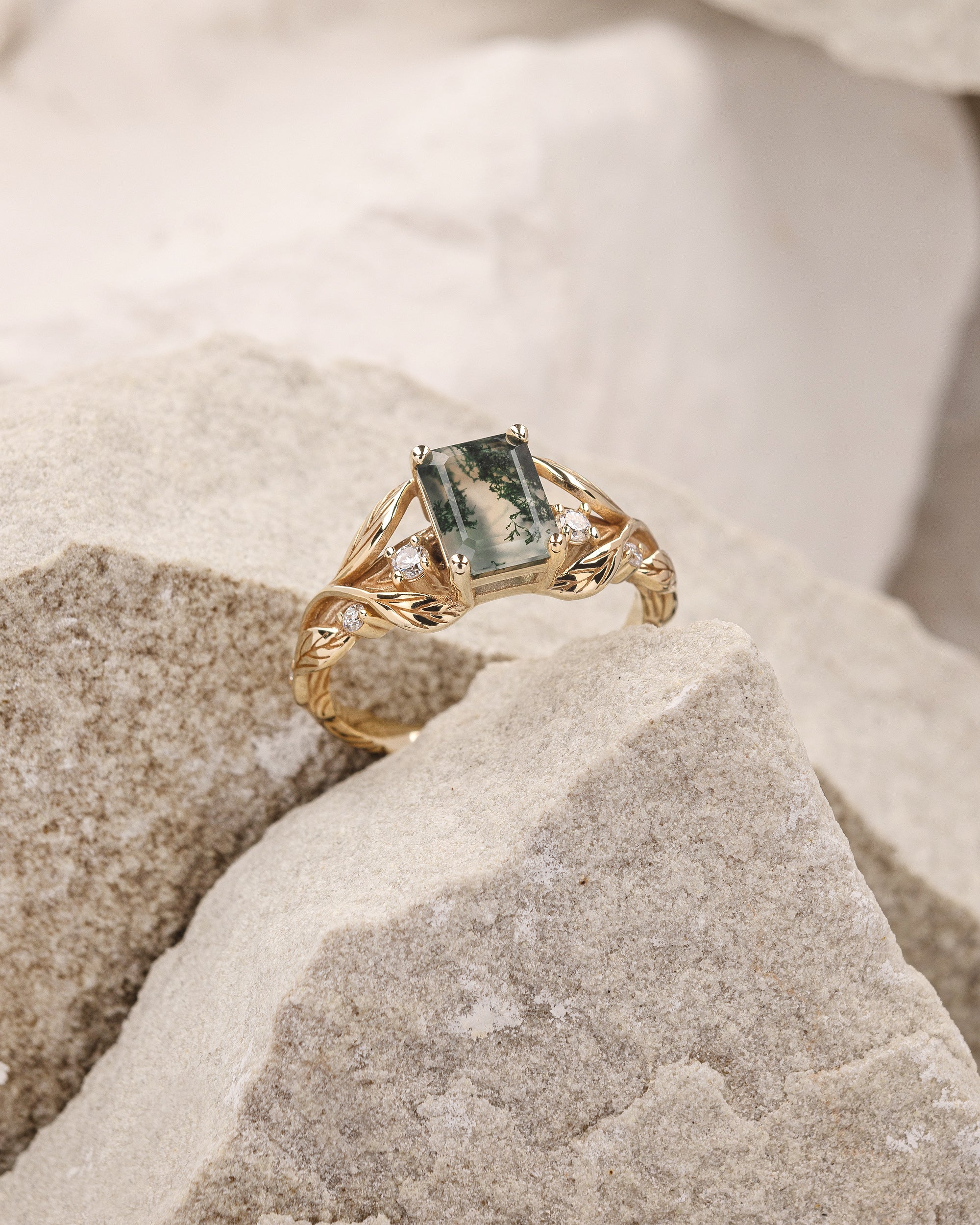 Clematis | nature engagement ring setting, 8x6 mm emerald cut central gem with accents - Image 8