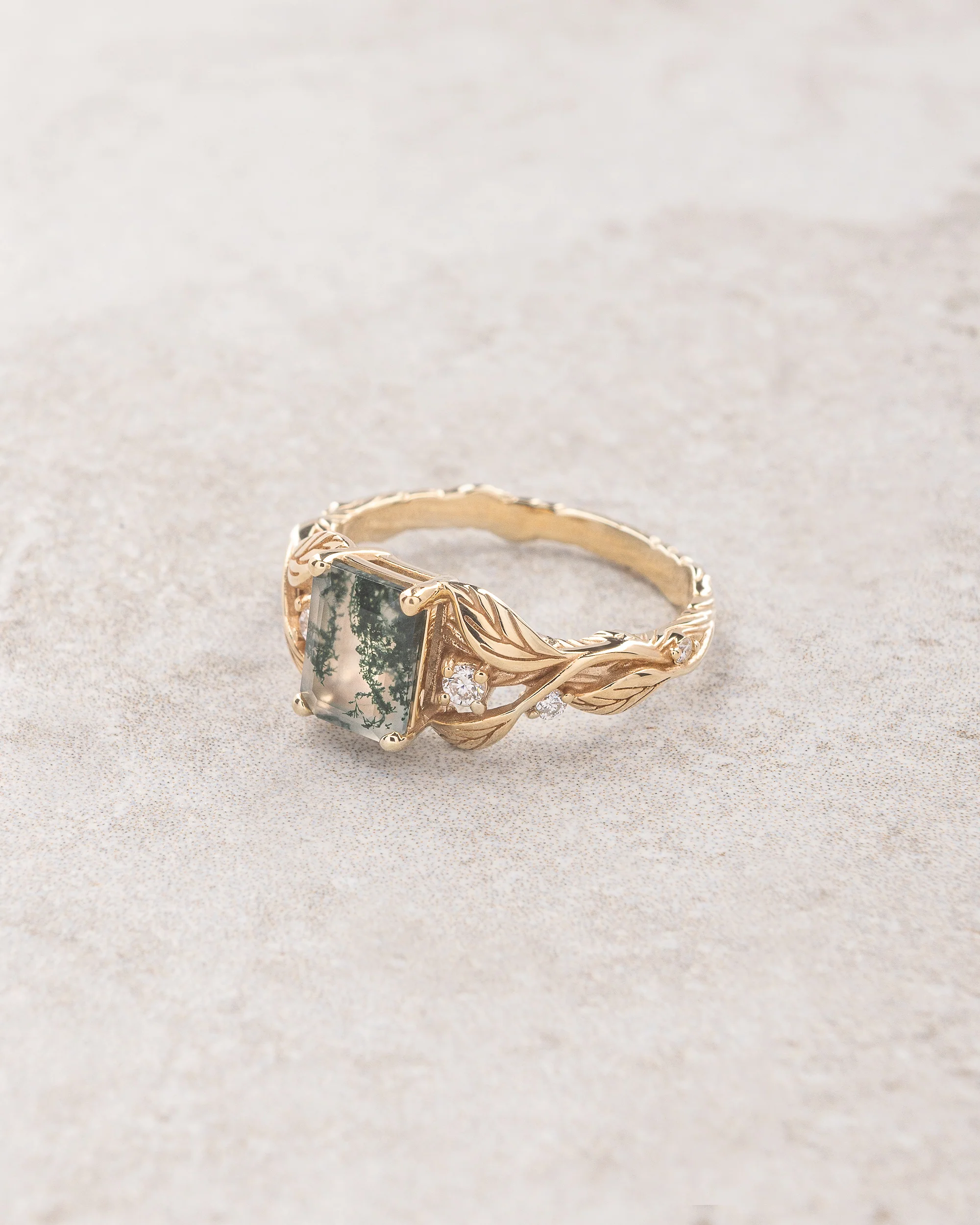 Emerald cut moss agate engagement ring, gold leafy ring with diamonds / Clematis - Image 3