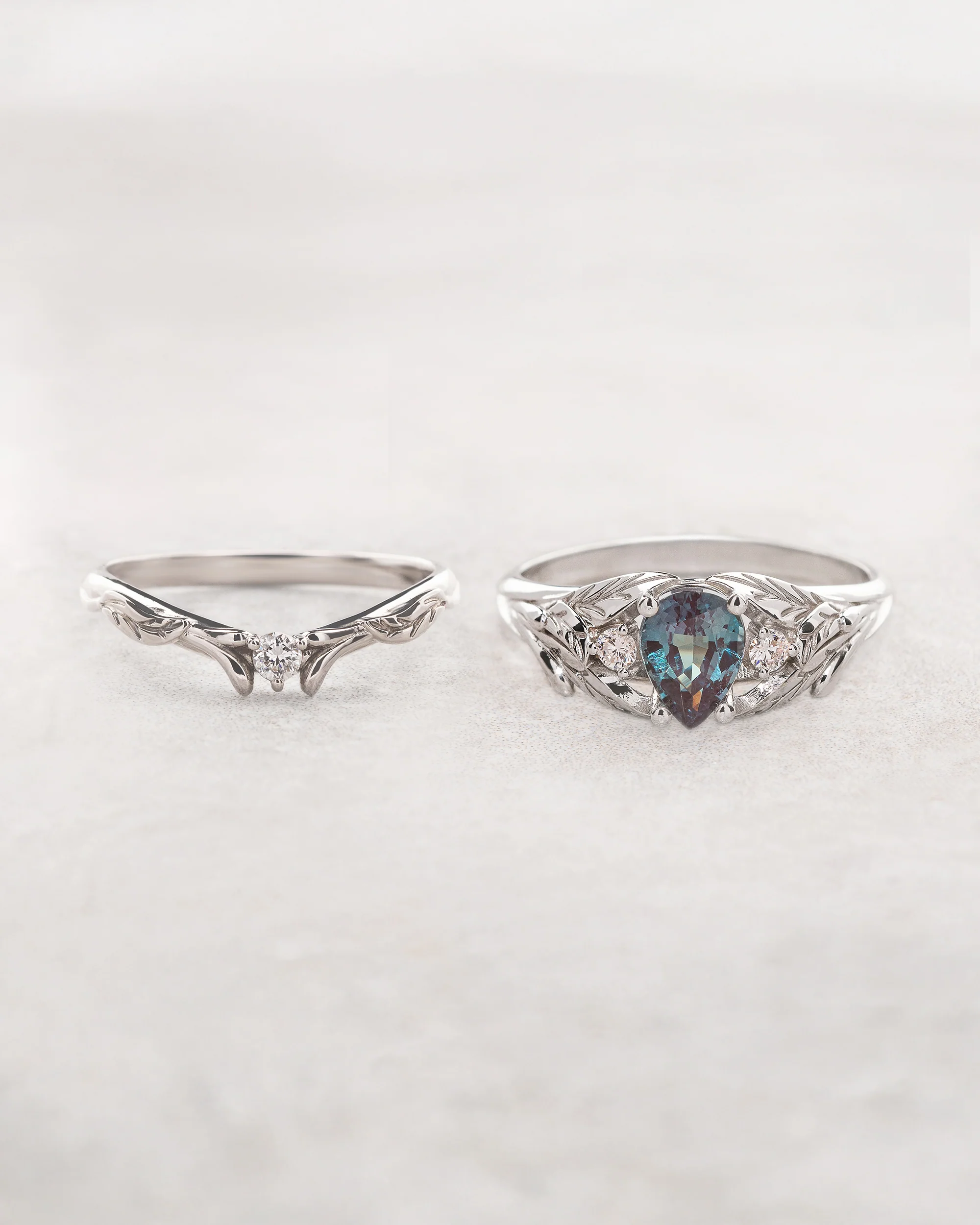 Pear alexandrite ring with diamonds, leaf engagement ring / Wisteria - Image 7