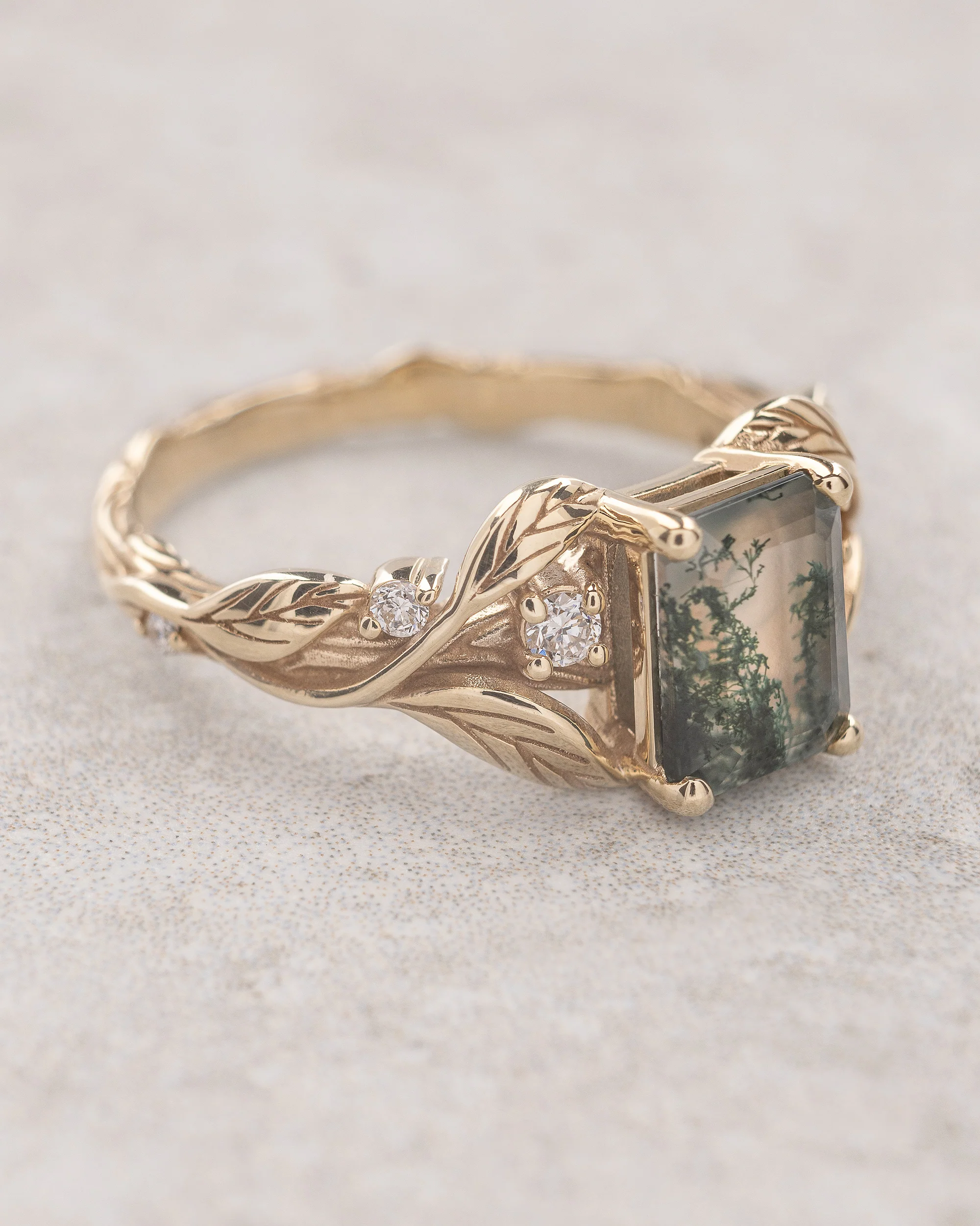 Emerald cut moss agate engagement ring, gold leaves with diamond dew / Clematis - Image 4