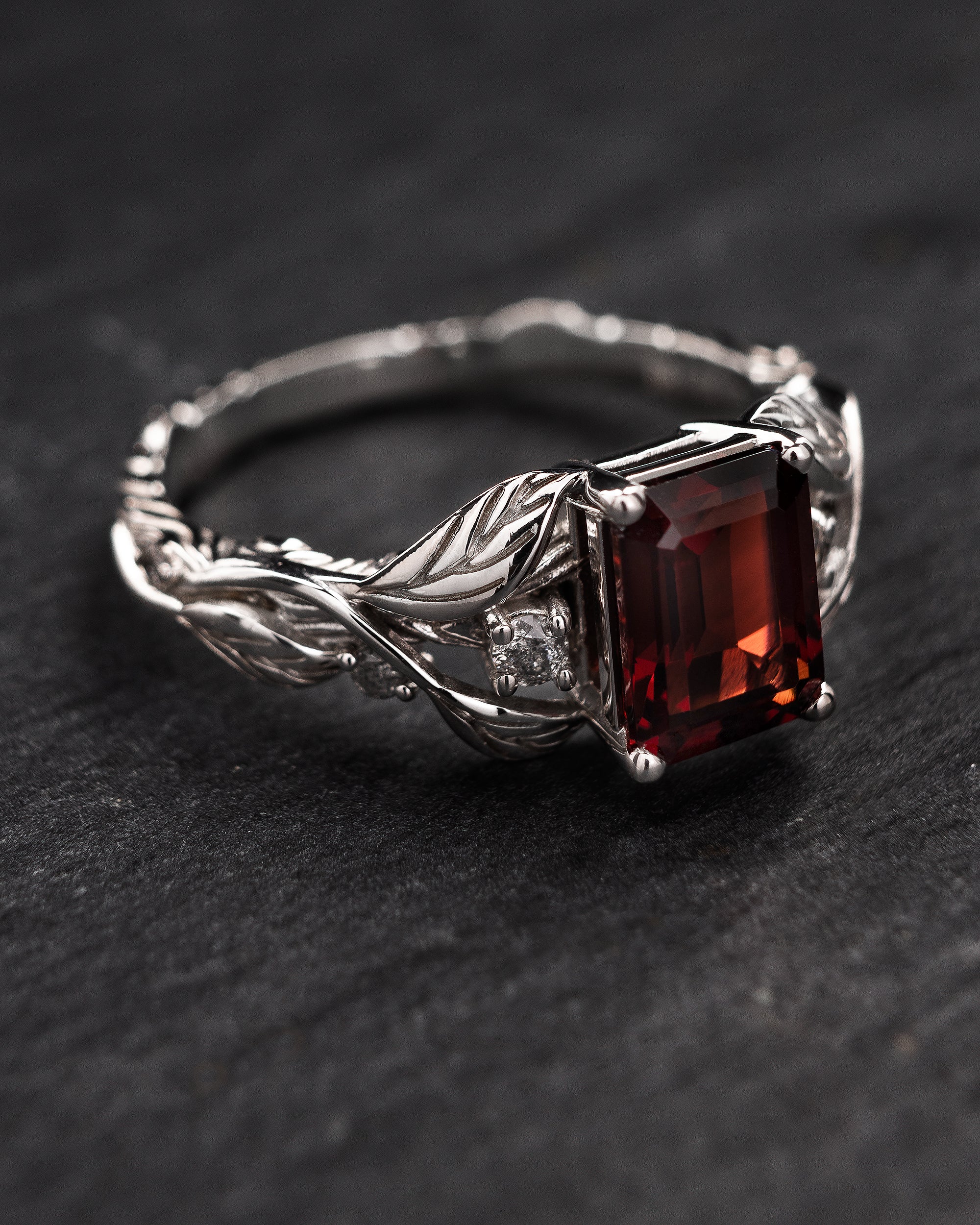 Gorgeous garnet engagement ring, gold leaves ring with diamonds / Clematis - Image 4