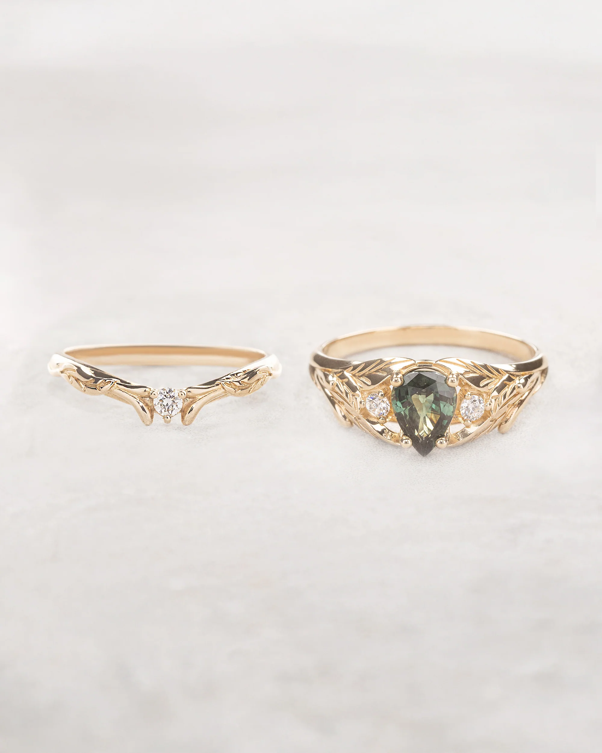 Green sapphire ring with diamonds, leaves engagement ring / Wisteria - Image 5