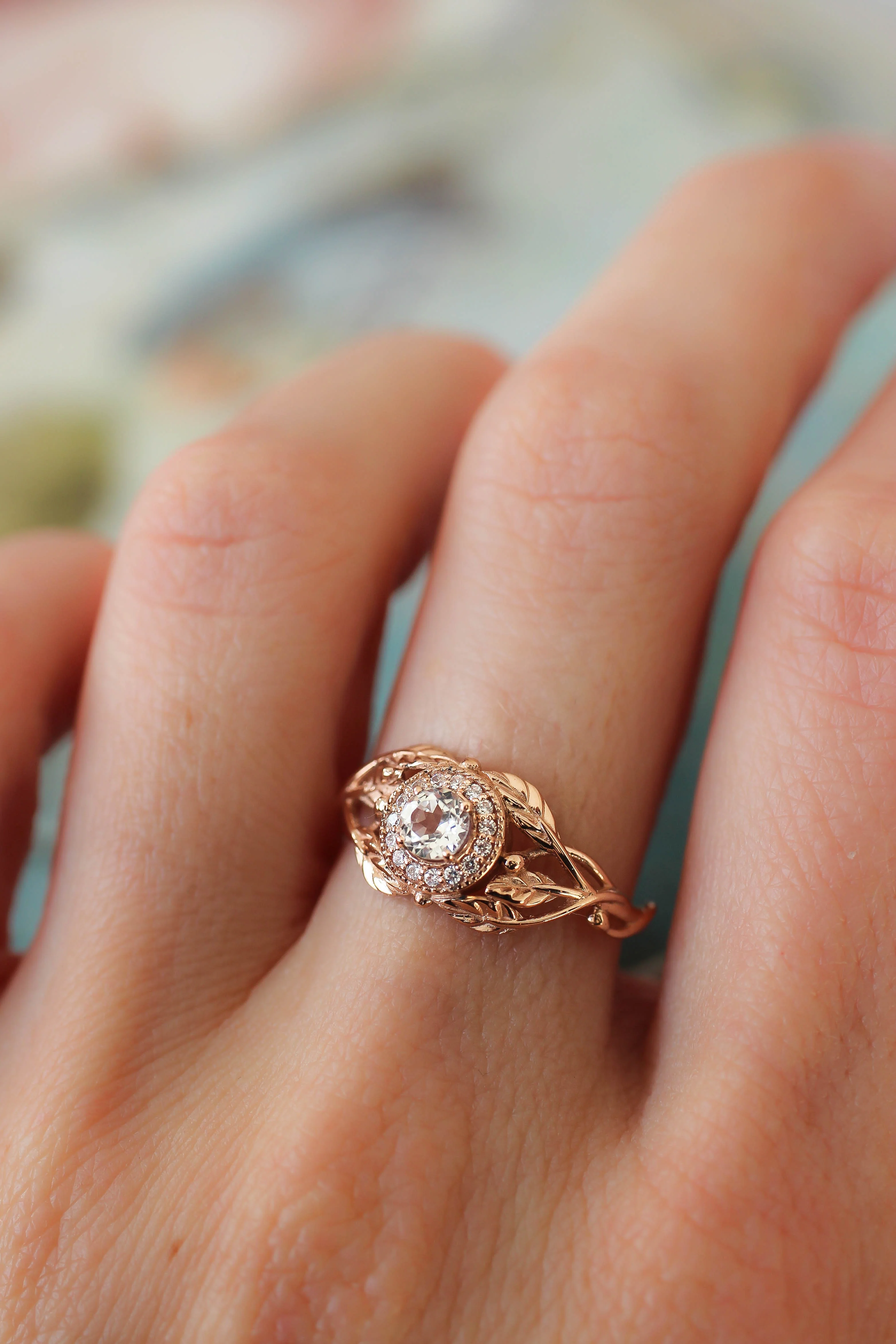 Leaf engagement ring with natural diamonds / Tilia halo - Image 18