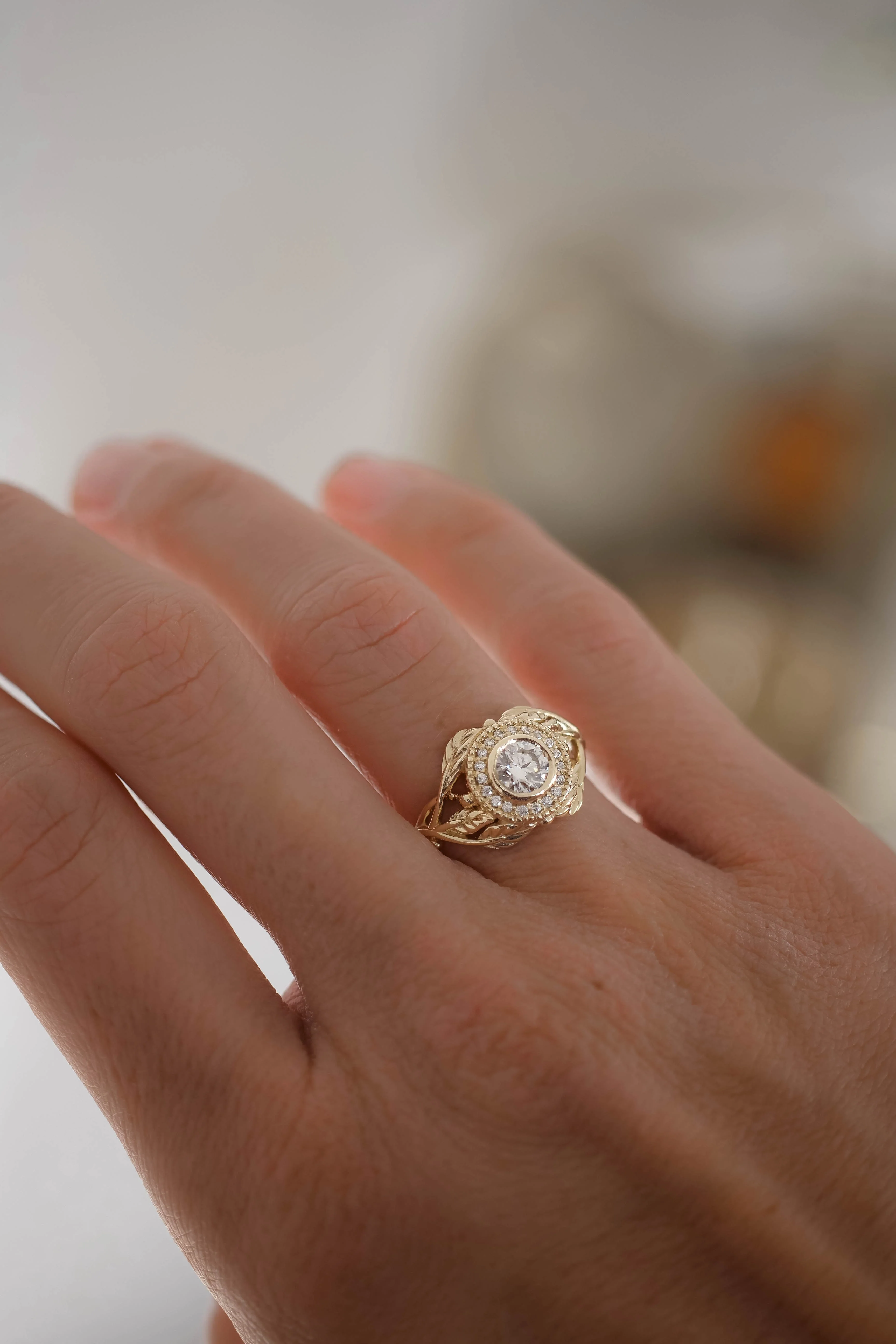 Leaf & halo engagement ring with lab grown diamond, 5mm / Tilia halo - Image 10