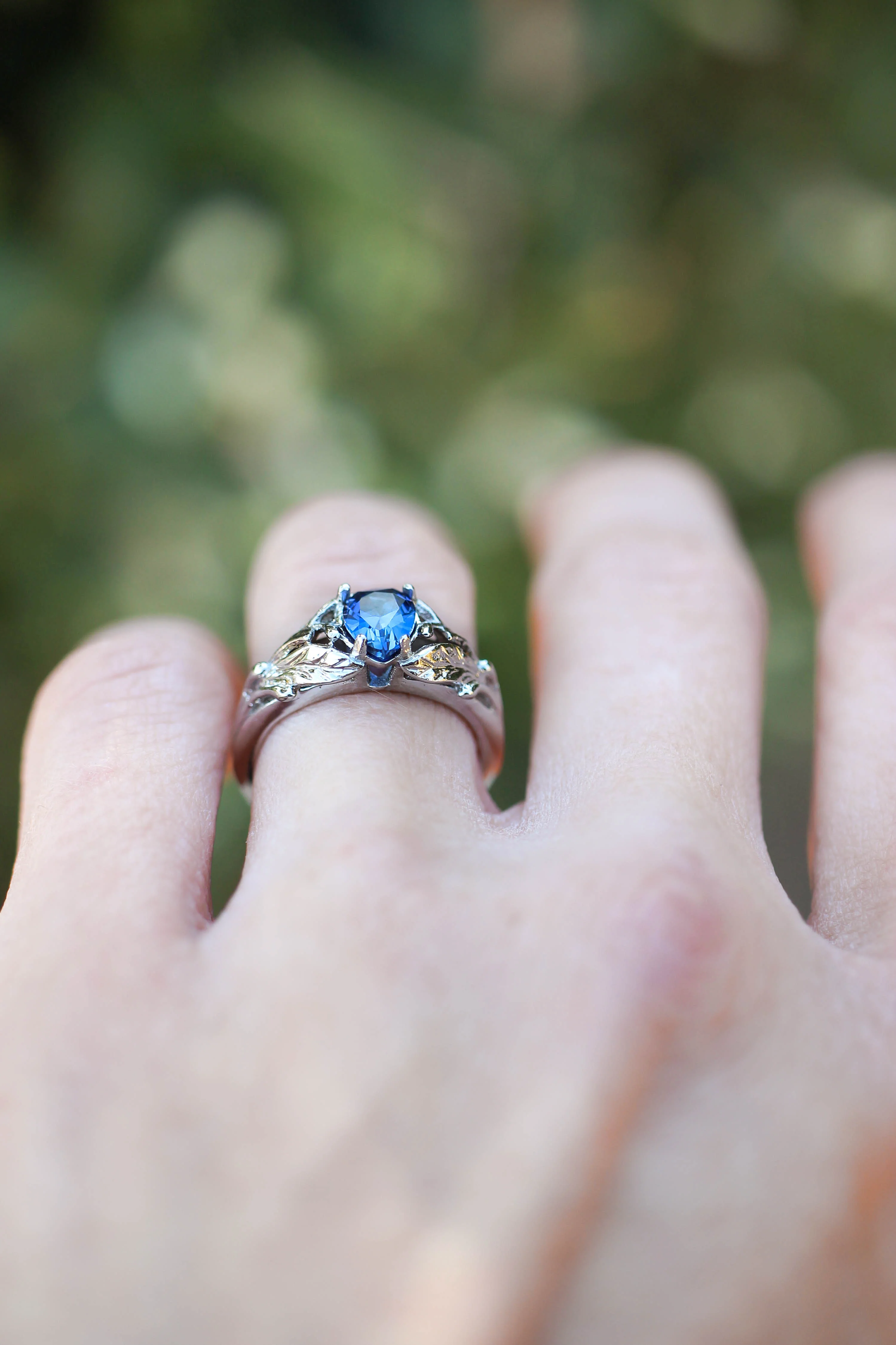 Pear cut sapphire ring, nature engagement ring / Wisteria - Image 4