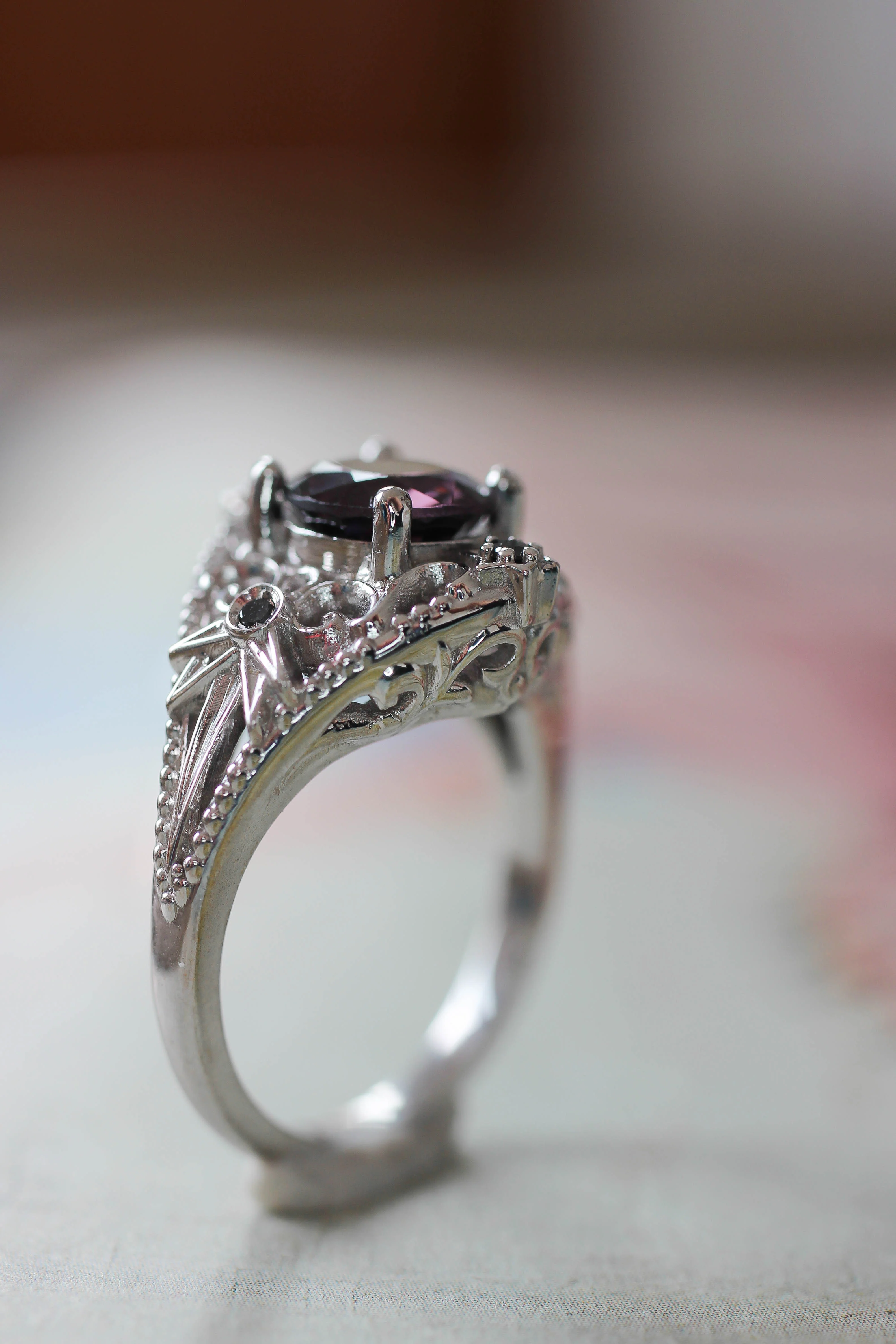 Purple spinel and black diamonds ring, stars engagement ring / Galaxia - Image 5
