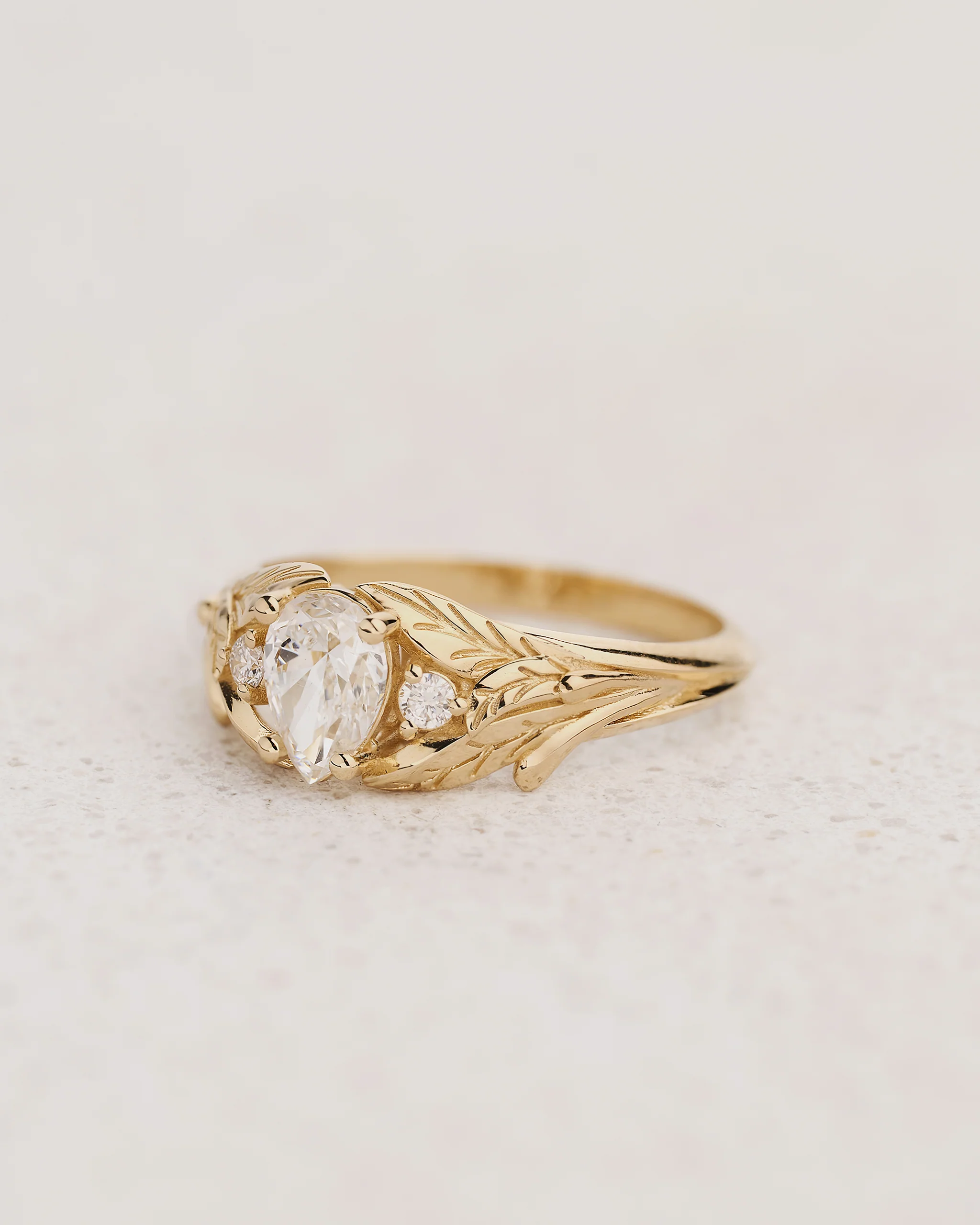Pear cut lab grown diamond engagement ring, gold leaf style wedding band / Wisteria - Image 3