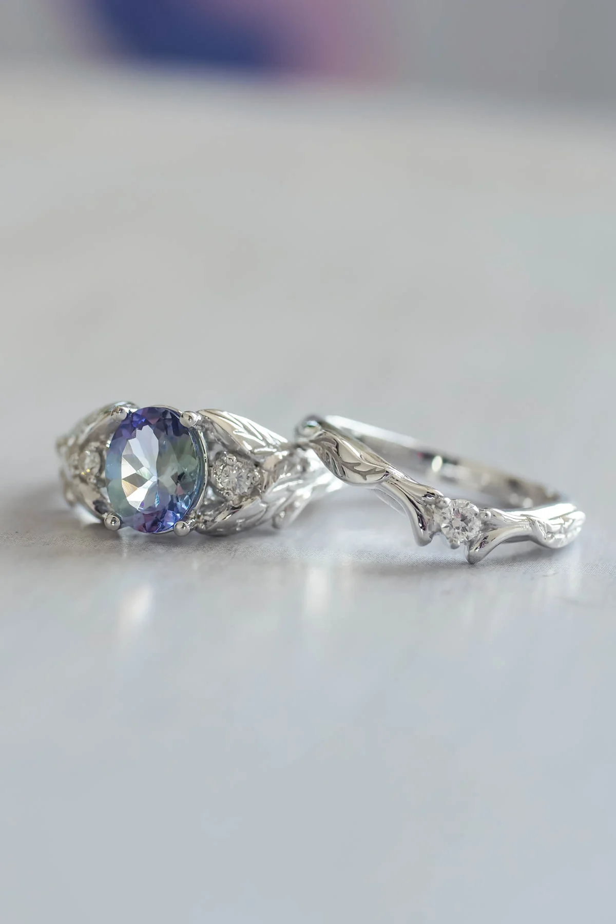 Tanzanite bridal ring set, gold leaf rings with diamonds / Wisteria - Image 5