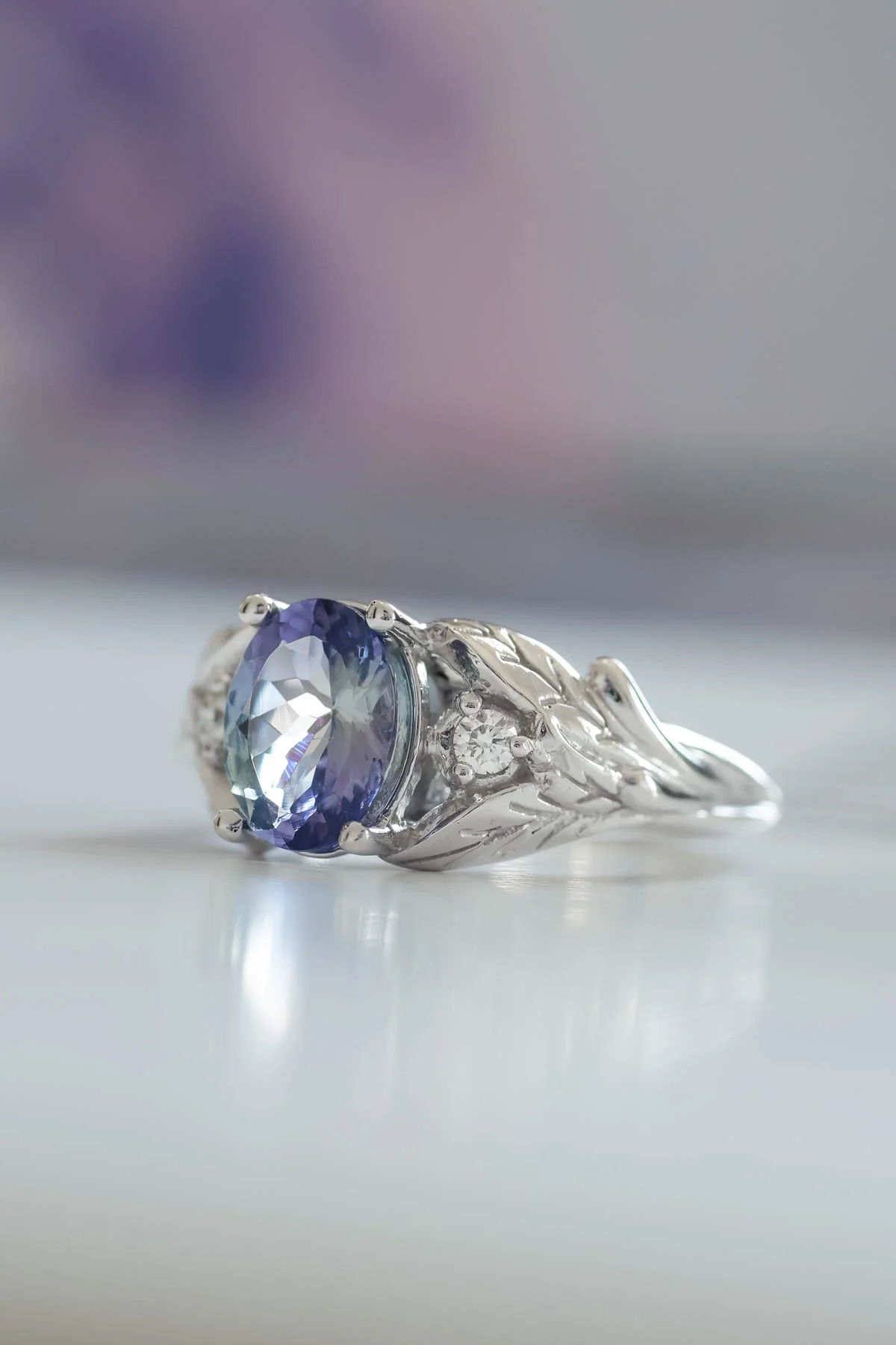 Tanzanite bridal ring set, gold leaf rings with diamonds / Wisteria - Image 6