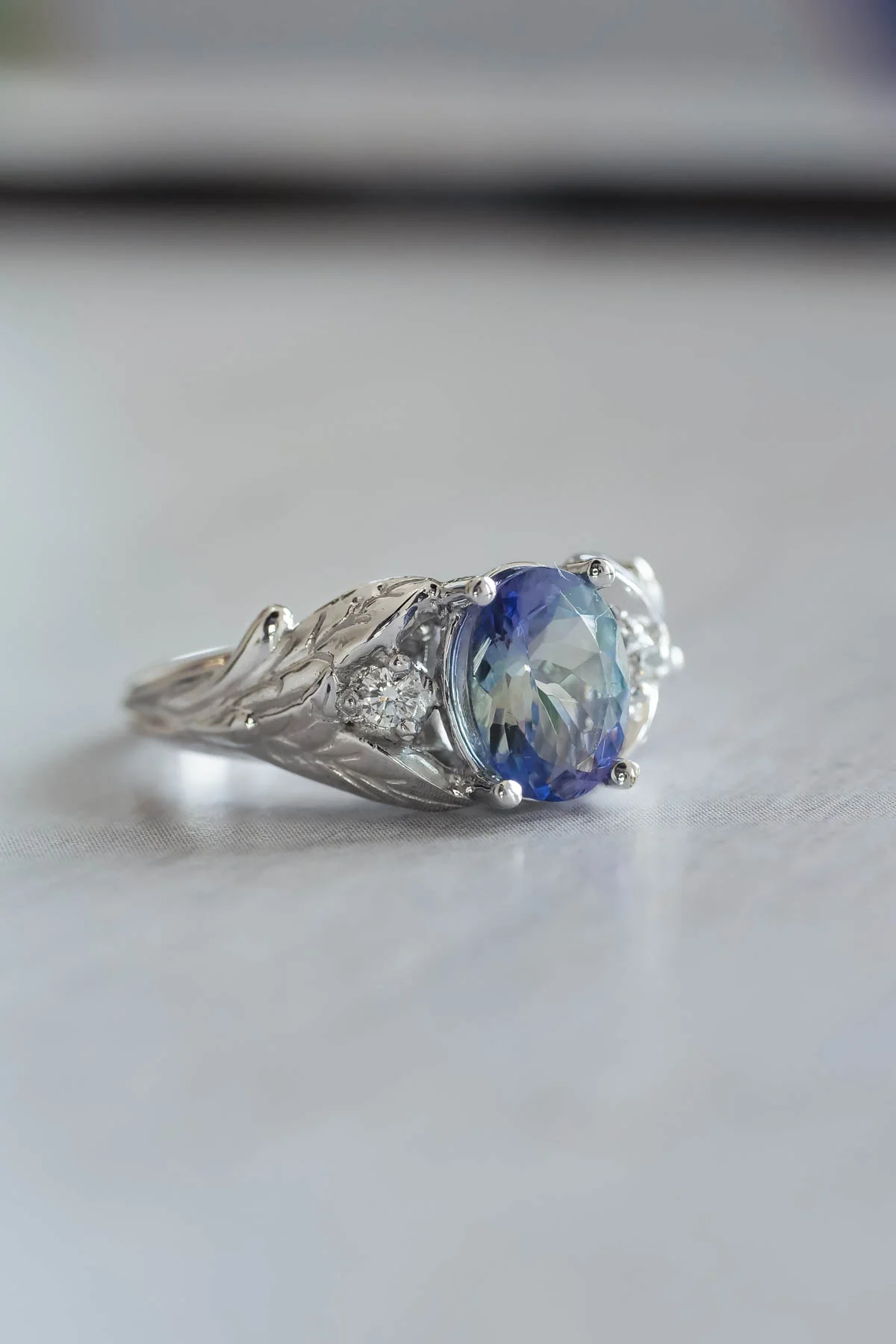 Tanzanite bridal ring set, gold leaf rings with diamonds / Wisteria - Image 7